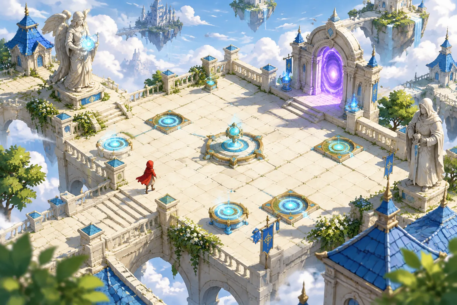 Original fan illustration of a courtyard with cyan devices and a violet portal; not a game screenshot