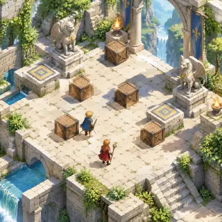 Original fan illustration of adventurers beside wooden crates; not a game screenshot