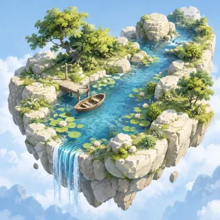 Original fan illustration of a river, boat and lily pads; not a game screenshot